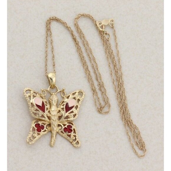 14k Yellow Gold Butterfly Necklace Pink and Red Enamel 18" Chain - Picture 7 of 8